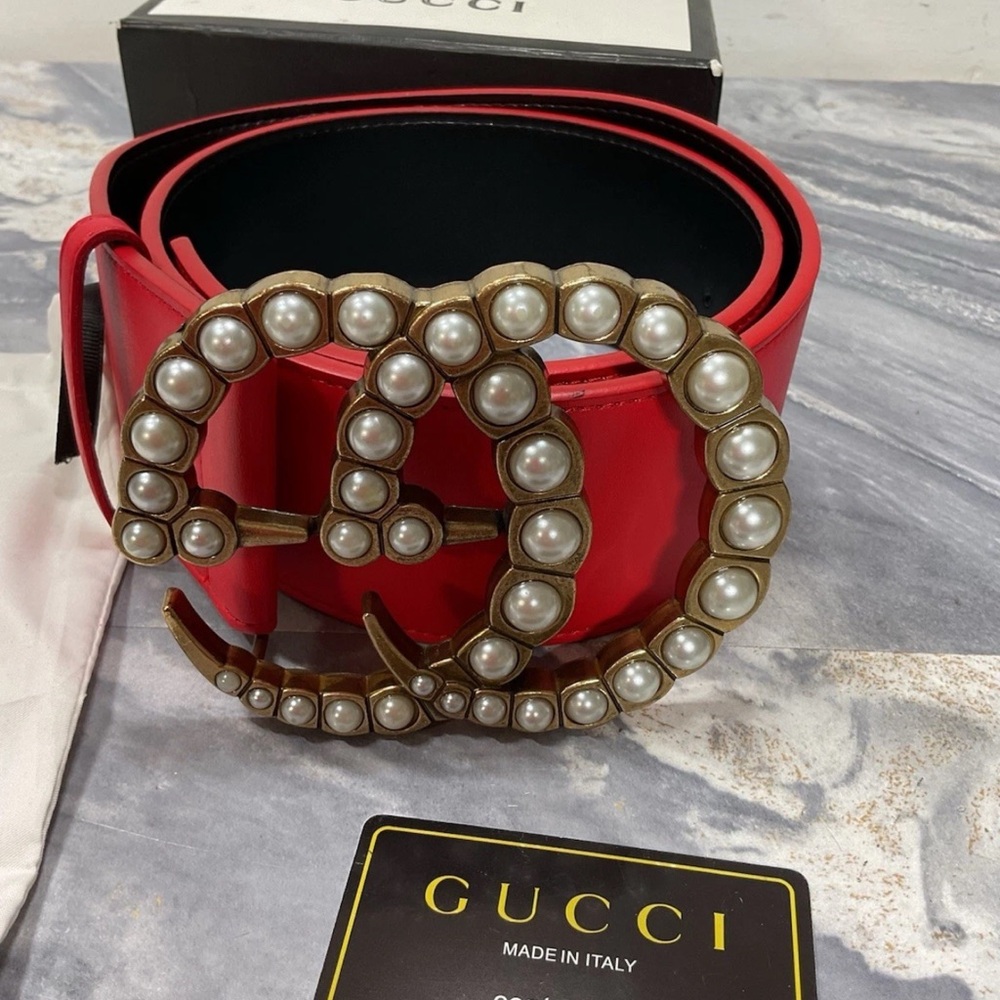 Gucci Red Leather Belt with Pearl-Trim Double G Buckle